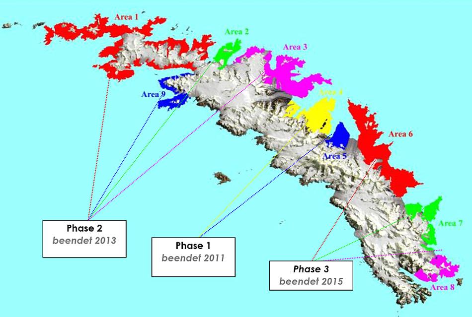 Die von der Rattenplage betroffenen Gebiete Südgeorgiens wurden in 9 Areale unterteilt, die in 3 Phasen ab 2011 mit speziellen Ködern versetzt wurden. Ein 2-jähriges Überwachungsprogramm kontrolliert den Erfolg der Aktion. Quelle: SGHT
