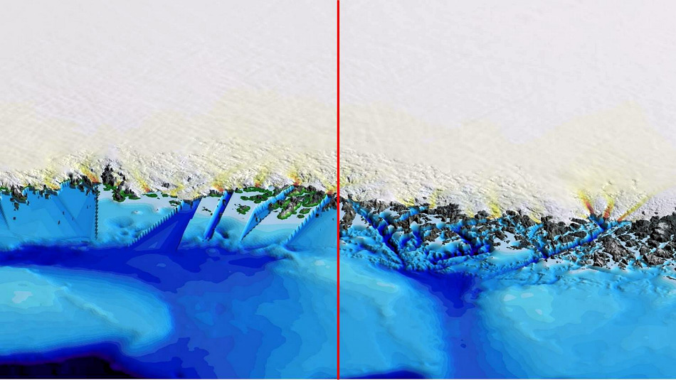 Die Karte zeigt einen Abschnitt des grönländischen Küste gemäss der Vorgaben der BedMachine vor und nach der Erfassung der OMG Daten. Besonders hervorzuheben ist der Detailgrad auf der rechten Seite im Vergleich zu der linken, die vor dem Erfassung bestand. Bild: UCI