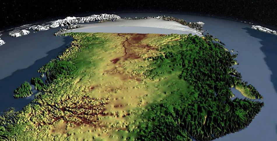 Nimmt man den Eisdeckel über Grönland ab zeigt sich eine gebirgige Topografie an den Küsten und hügelige Landschaften mit grossen Canyons im Innern von Grönland.